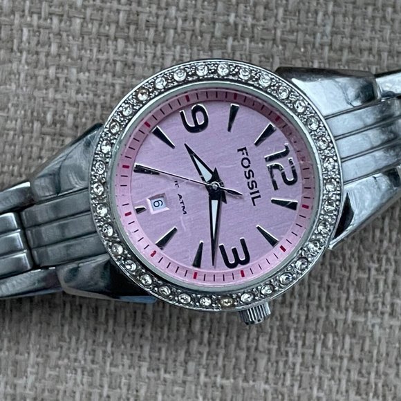 Fossil Women Wristwatch Pink Face Date Calendar Quartz Silver tone Watch - Picture 2 of 9